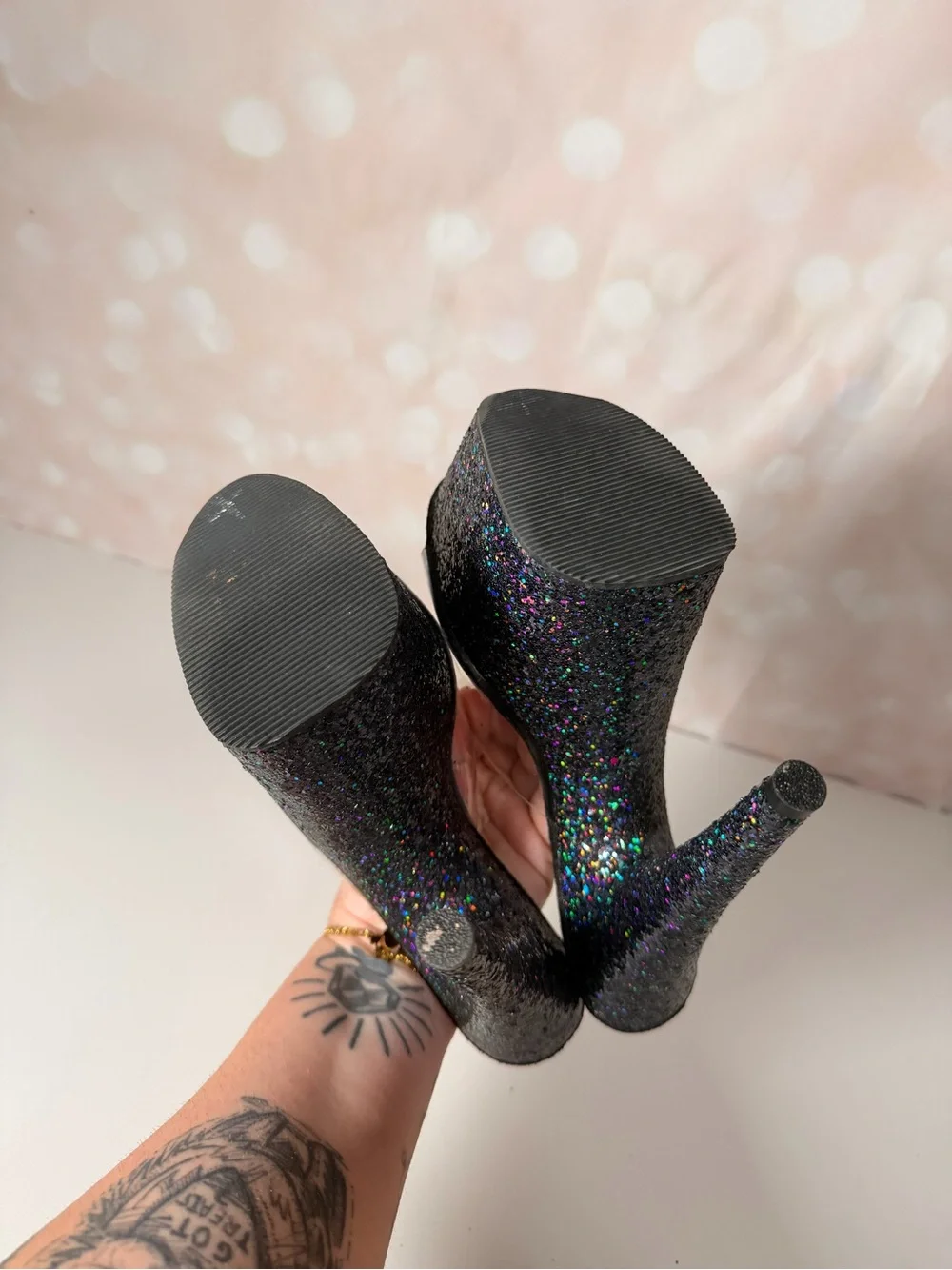 PLEASER Black Glitter Platform Heels Mules Sandals